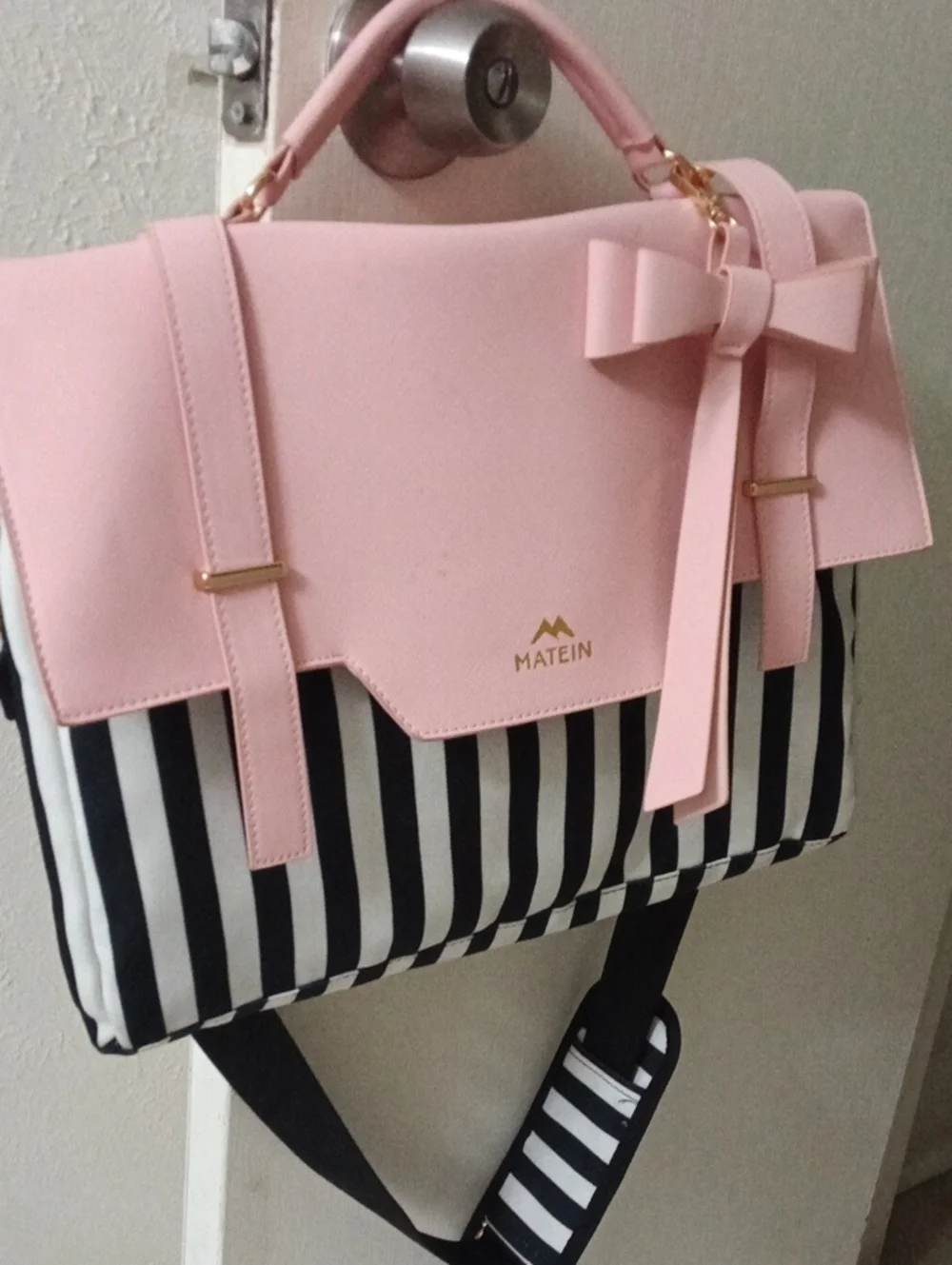 Pink Bow Satchel with Black & White Stripes